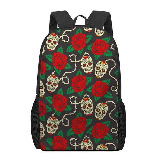 Rose Flower Sugar Skull Pattern Print 17 Inch Backpack