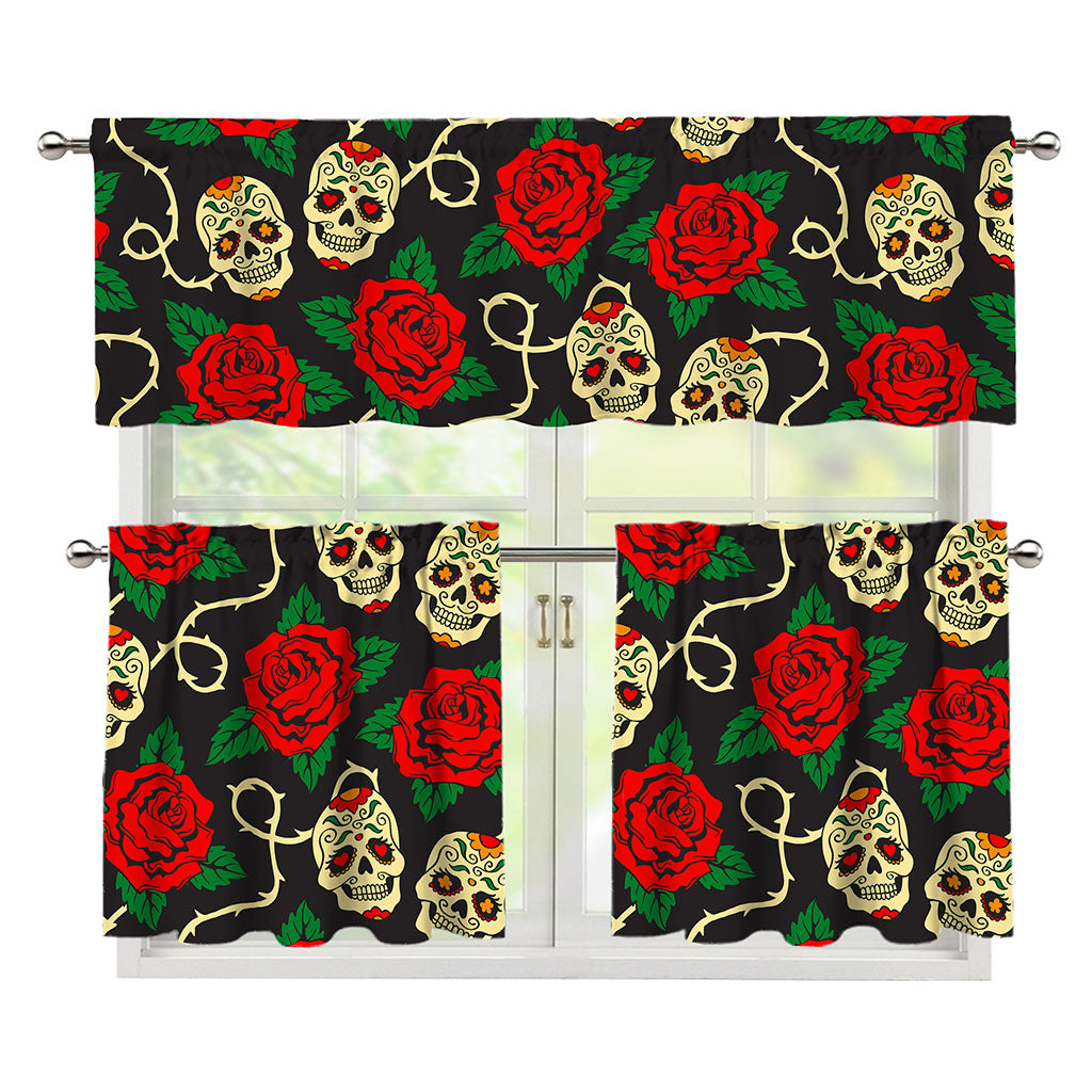 Rose Flower Sugar Skull Pattern Print 3 Piece Kitchen Curtains