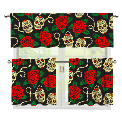 Rose Flower Sugar Skull Pattern Print 3 Piece Kitchen Curtains