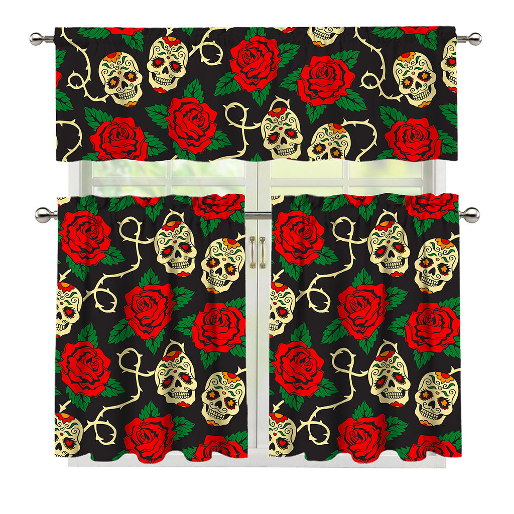 Rose Flower Sugar Skull Pattern Print 3 Piece Kitchen Curtains