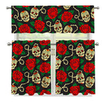 Rose Flower Sugar Skull Pattern Print 3 Piece Kitchen Curtains