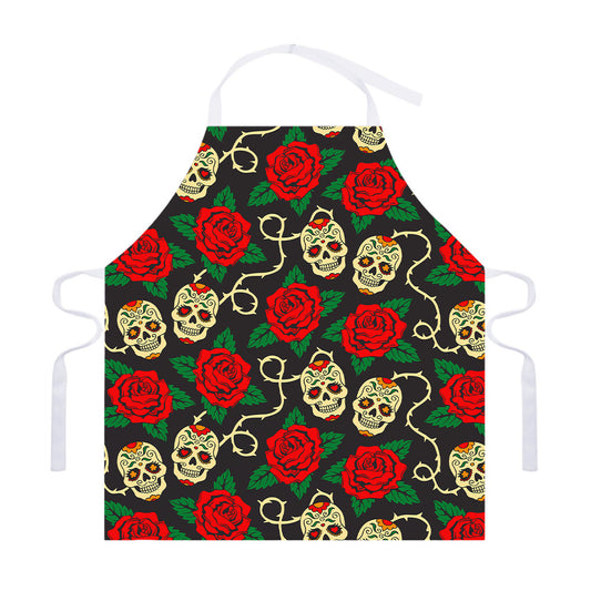 Rose Flower Sugar Skull Pattern Print Adjustable Apron