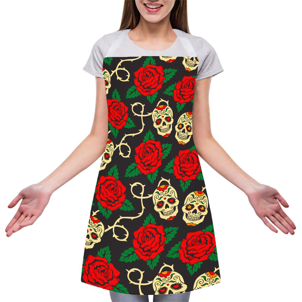 Rose Flower Sugar Skull Pattern Print Adjustable Apron