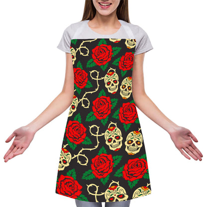 Rose Flower Sugar Skull Pattern Print Adjustable Apron