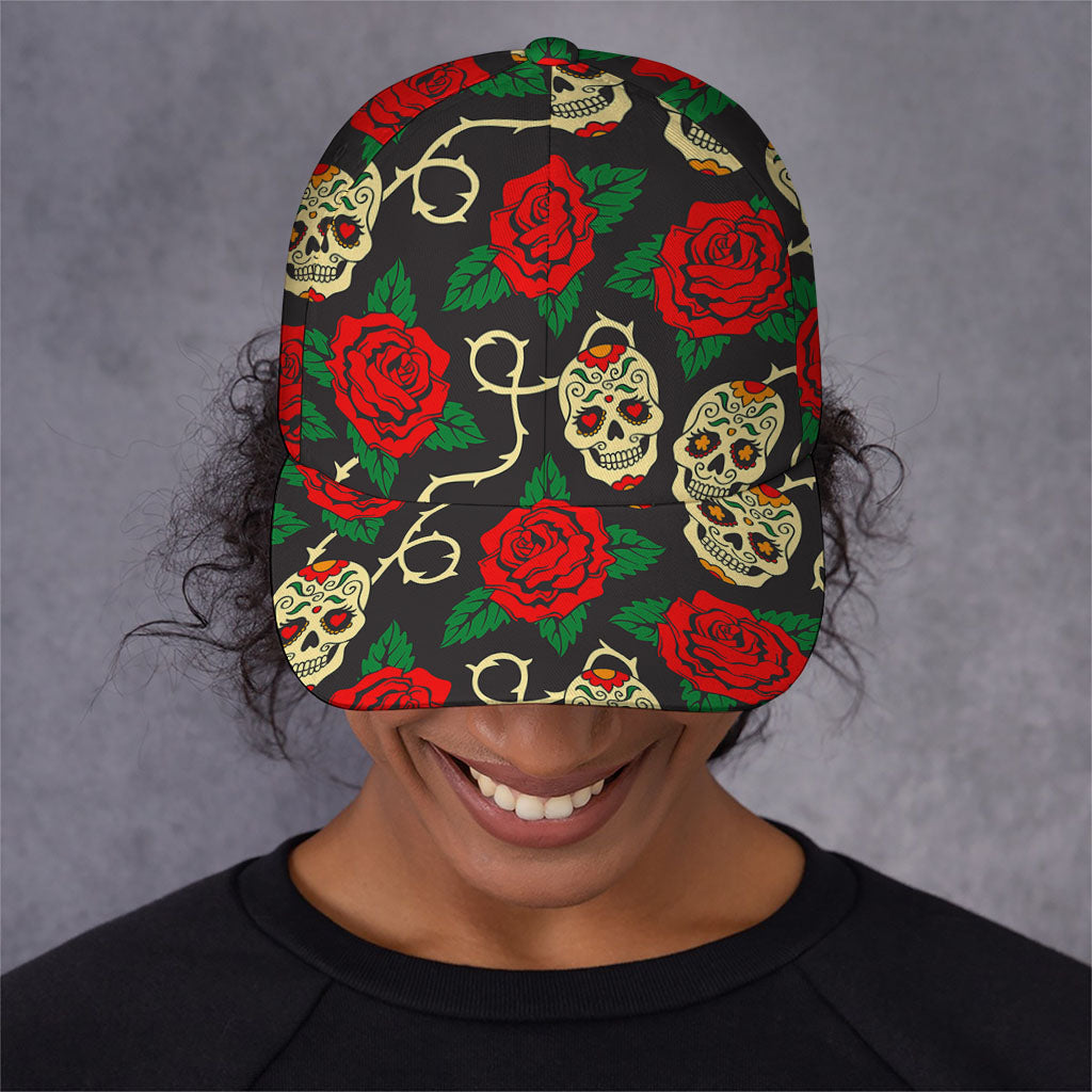 Rose Flower Sugar Skull Pattern Print Baseball Cap