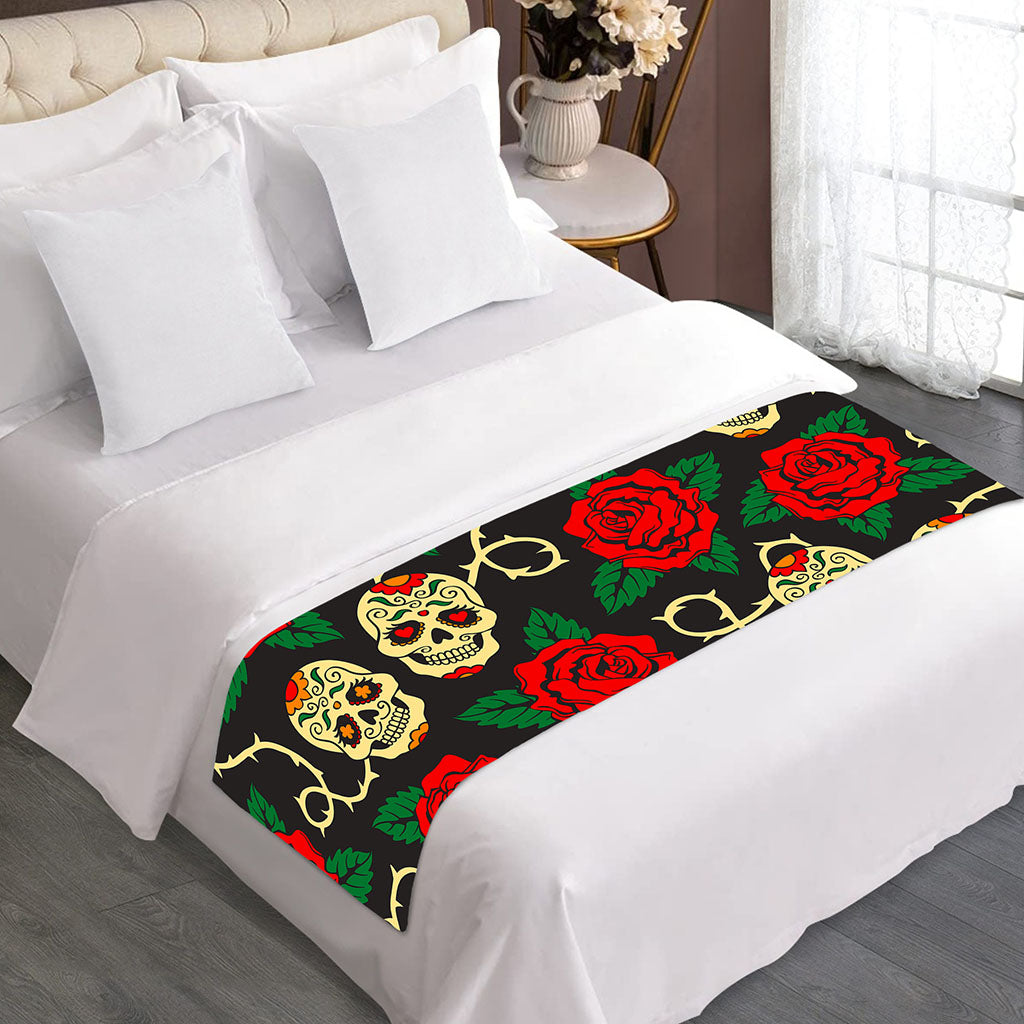 Rose Flower Sugar Skull Pattern Print Bed Runner
