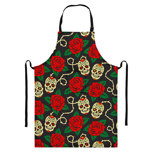 Rose Flower Sugar Skull Pattern Print Bib Apron With Pocket