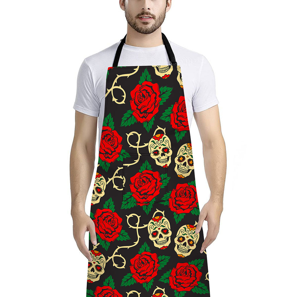 Rose Flower Sugar Skull Pattern Print Bib Apron With Pocket