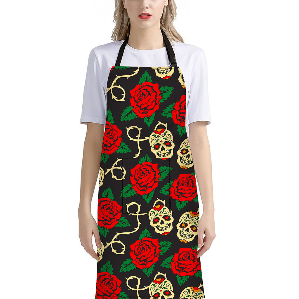 Rose Flower Sugar Skull Pattern Print Bib Apron With Pocket