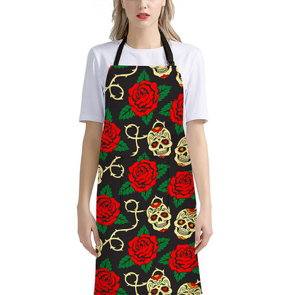 Rose Flower Sugar Skull Pattern Print Bib Apron With Pocket