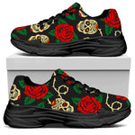 Rose Flower Sugar Skull Pattern Print Black Chunky Shoes