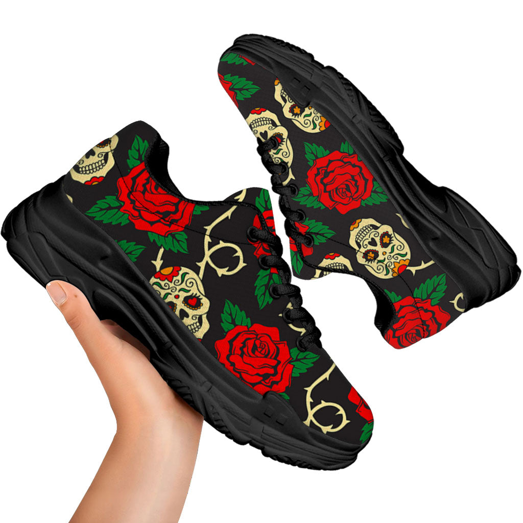 Rose Flower Sugar Skull Pattern Print Black Chunky Shoes