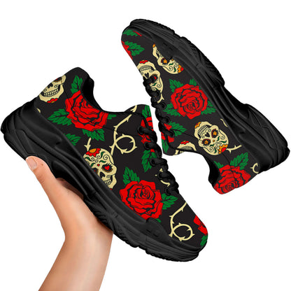 Rose Flower Sugar Skull Pattern Print Black Chunky Shoes