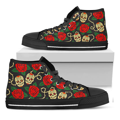 Rose Flower Sugar Skull Pattern Print Black High Top Sneakers