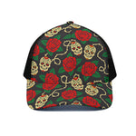 Rose Flower Sugar Skull Pattern Print Black Mesh Trucker Cap