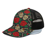 Rose Flower Sugar Skull Pattern Print Black Mesh Trucker Cap