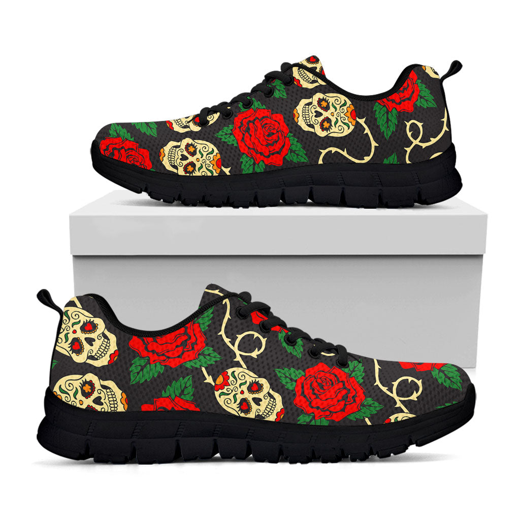 Rose Flower Sugar Skull Pattern Print Black Running Shoes