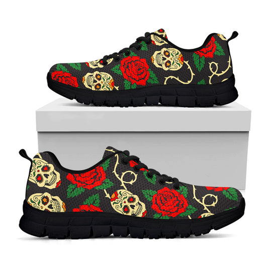 Rose Flower Sugar Skull Pattern Print Black Running Shoes