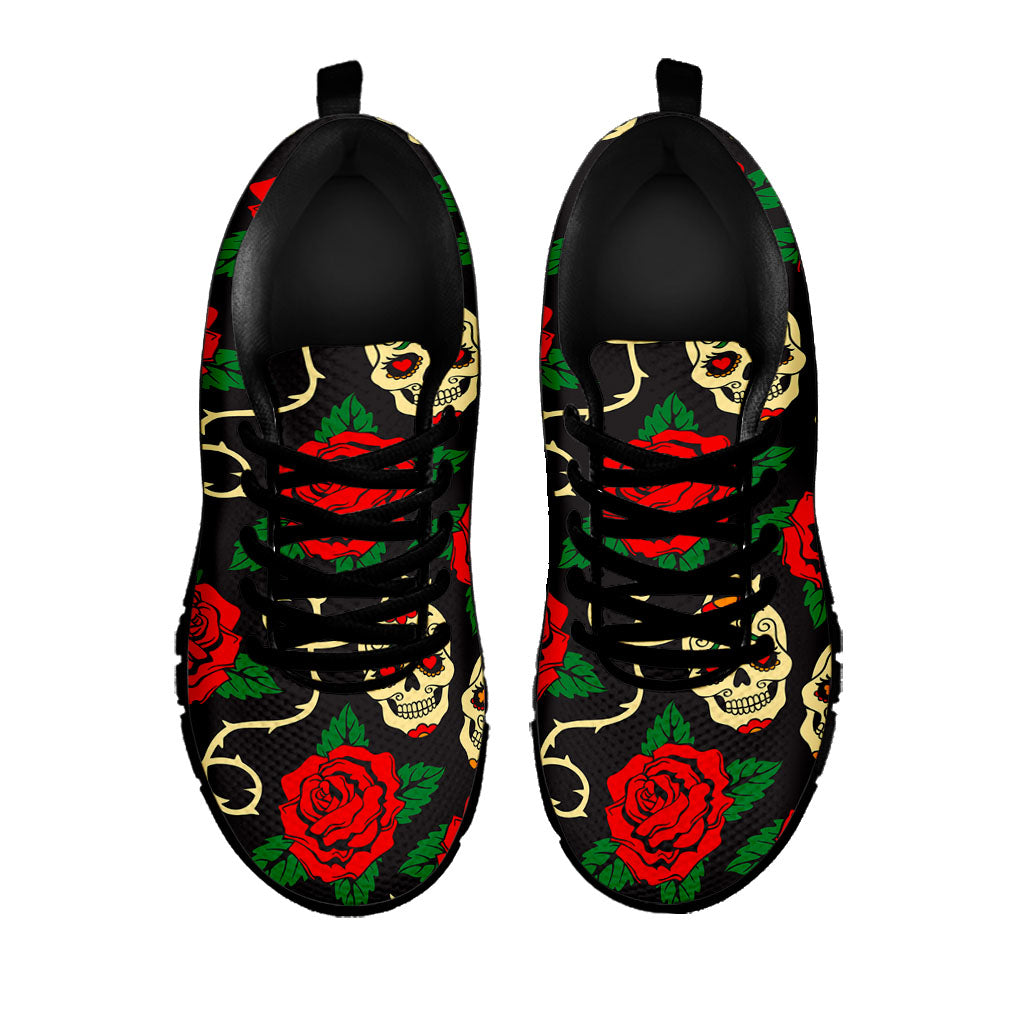 Rose Flower Sugar Skull Pattern Print Black Running Shoes