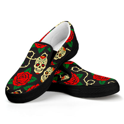 Rose Flower Sugar Skull Pattern Print Black Slip On Sneakers