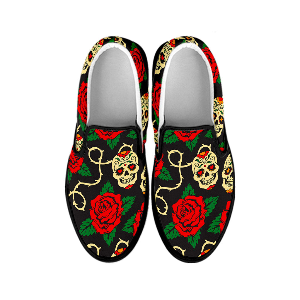 Rose Flower Sugar Skull Pattern Print Black Slip On Sneakers