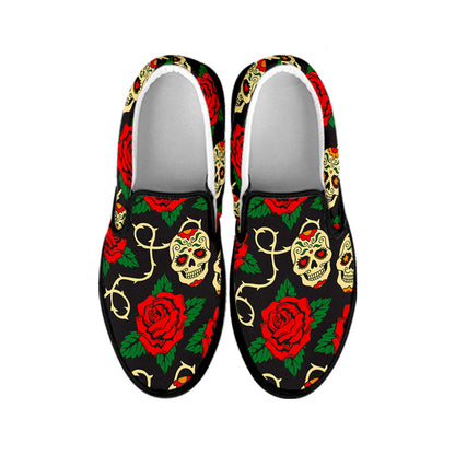 Rose Flower Sugar Skull Pattern Print Black Slip On Sneakers