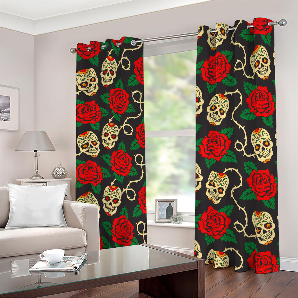 Rose Flower Sugar Skull Pattern Print Blackout Grommet Curtains