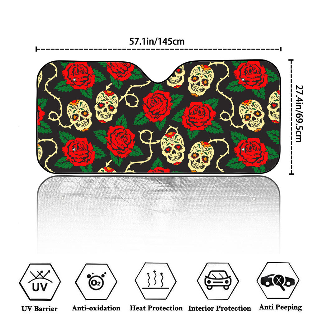 Rose Flower Sugar Skull Pattern Print Car Windshield Sun Shade