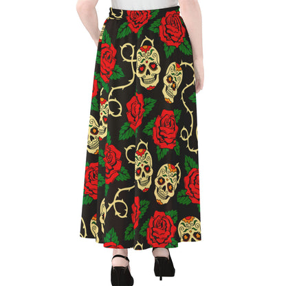 Rose Flower Sugar Skull Pattern Print Chiffon Maxi Skirt