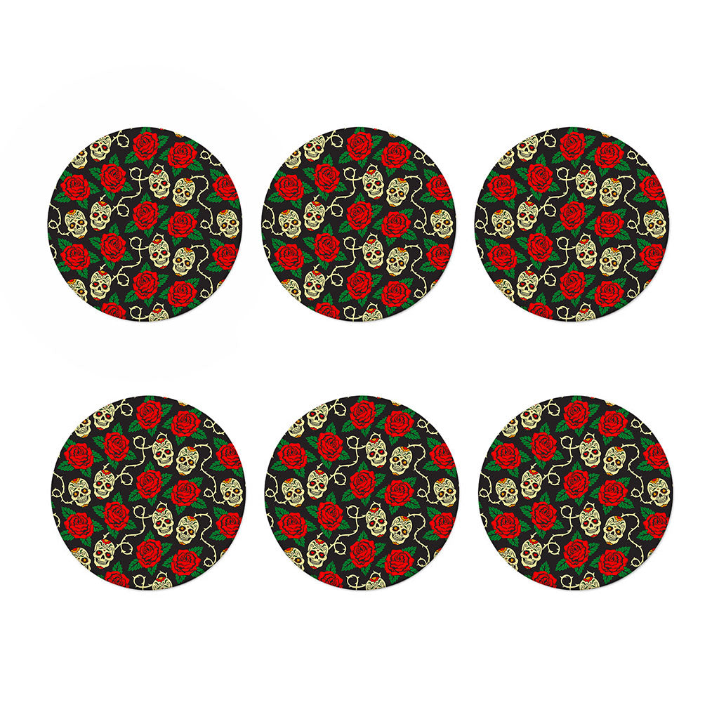 Rose Flower Sugar Skull Pattern Print Coaster Set