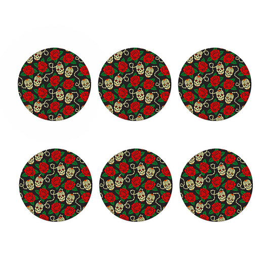 Rose Flower Sugar Skull Pattern Print Coaster Set