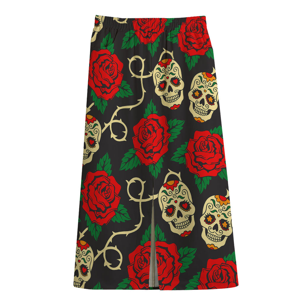 Rose Flower Sugar Skull Pattern Print Cotton Front Slit Maxi Skirt