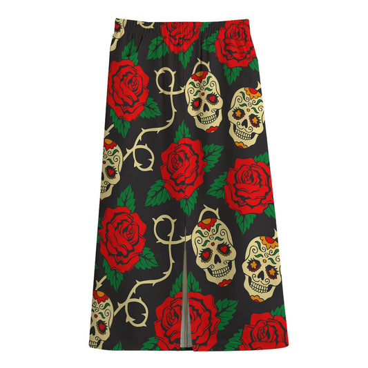 Rose Flower Sugar Skull Pattern Print Cotton Front Slit Maxi Skirt