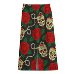 Rose Flower Sugar Skull Pattern Print Cotton Front Slit Maxi Skirt
