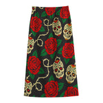 Rose Flower Sugar Skull Pattern Print Cotton Front Slit Maxi Skirt