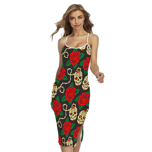 Rose Flower Sugar Skull Pattern Print Cross Back Cami Dress