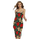Rose Flower Sugar Skull Pattern Print Cross Back Cami Dress