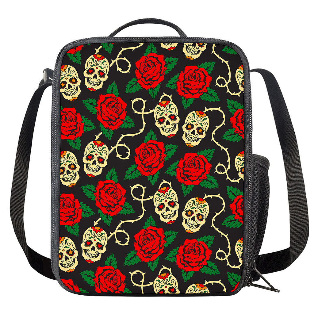 Rose Flower Sugar Skull Pattern Print Crossbody Lunch Bag