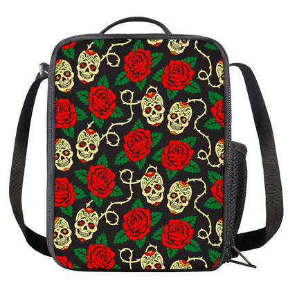 Rose Flower Sugar Skull Pattern Print Crossbody Lunch Bag