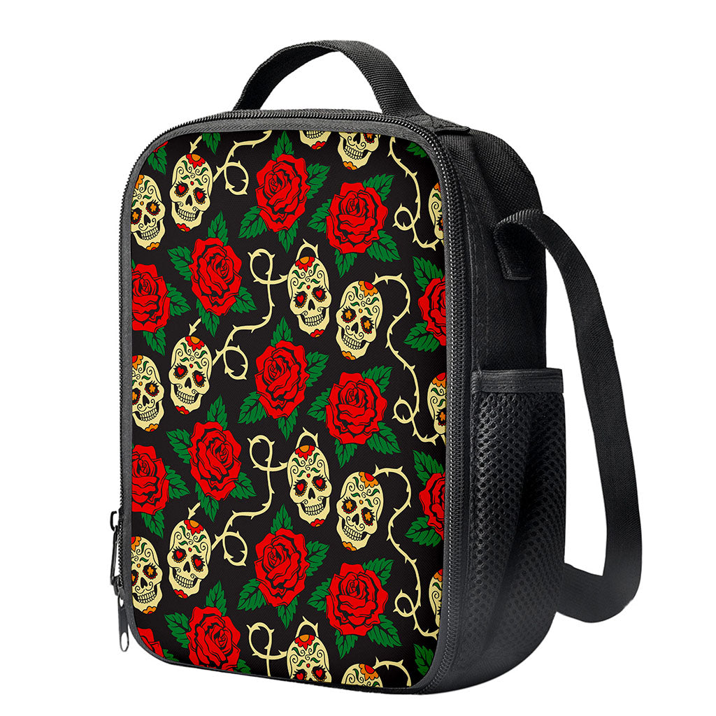 Rose Flower Sugar Skull Pattern Print Crossbody Lunch Bag