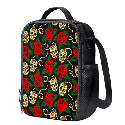 Rose Flower Sugar Skull Pattern Print Crossbody Lunch Bag