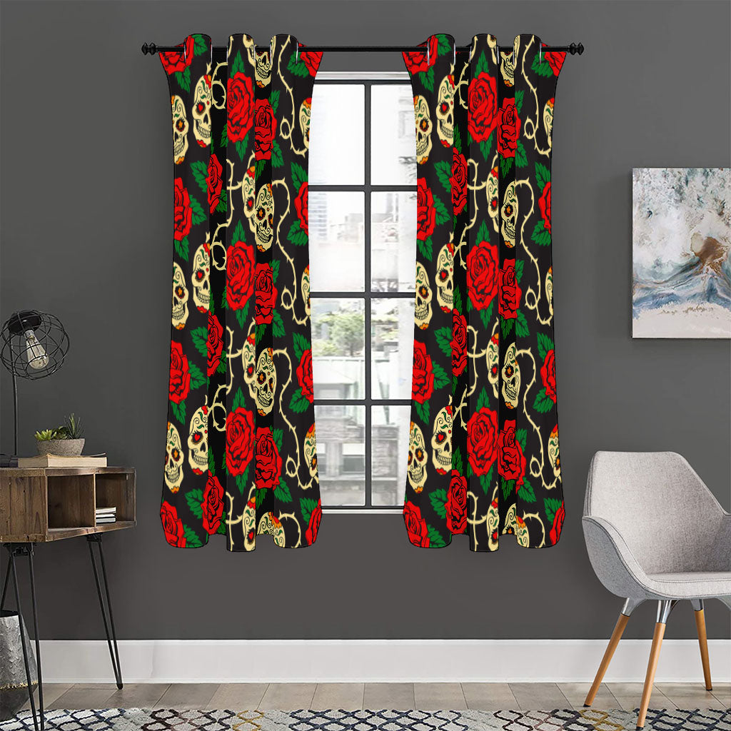 Rose Flower Sugar Skull Pattern Print Curtain
