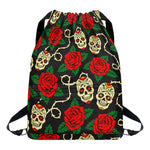 Rose Flower Sugar Skull Pattern Print Drawstring Backpack