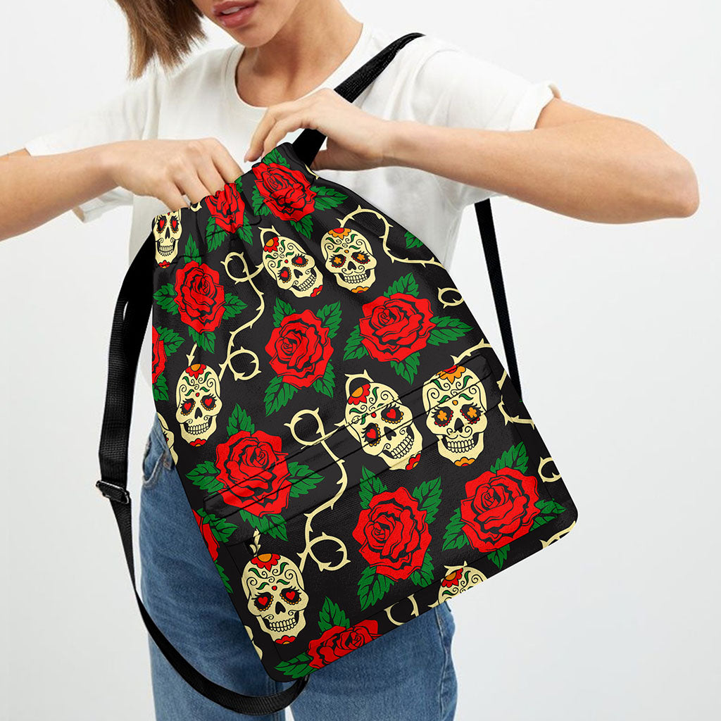 Rose Flower Sugar Skull Pattern Print Drawstring Backpack