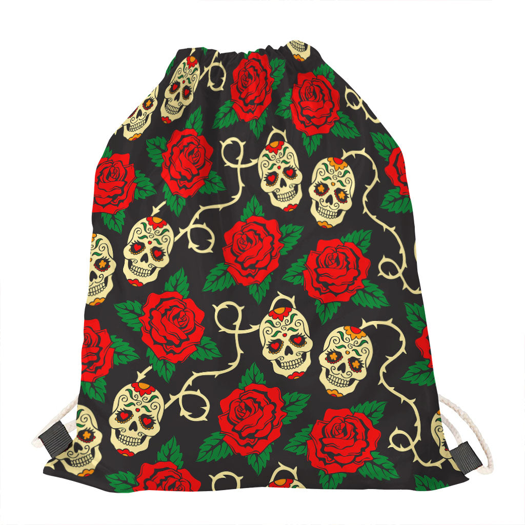 Rose Flower Sugar Skull Pattern Print Drawstring Bag