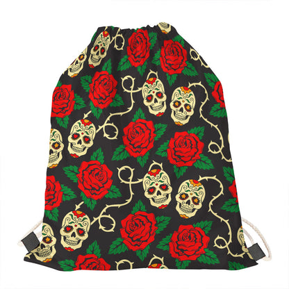 Rose Flower Sugar Skull Pattern Print Drawstring Bag