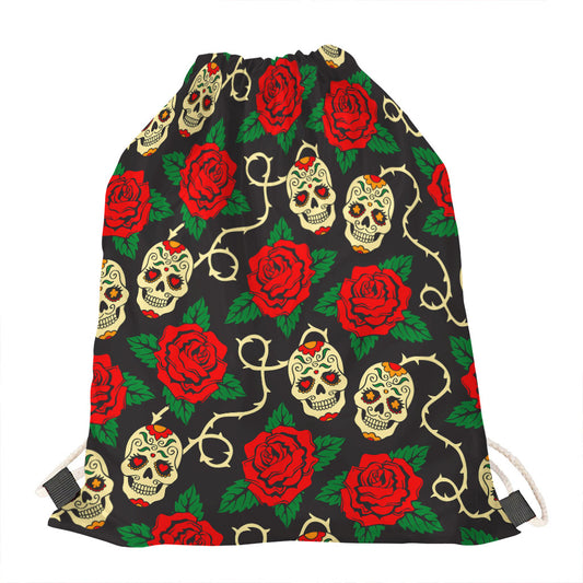 Rose Flower Sugar Skull Pattern Print Drawstring Bag