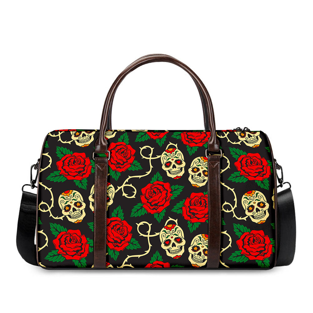 Rose Flower Sugar Skull Pattern Print Duffle Bag