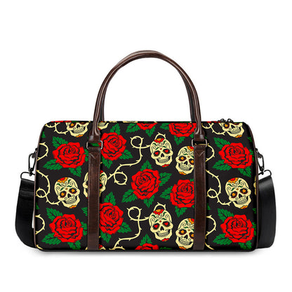 Rose Flower Sugar Skull Pattern Print Duffle Bag