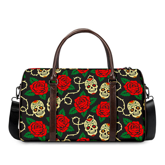 Rose Flower Sugar Skull Pattern Print Duffle Bag